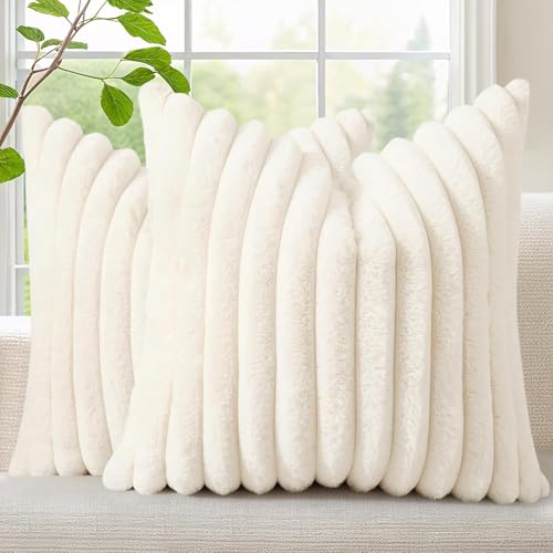 decorUhome Faux Fur Cushion Covers 45x45 cm Set of 2, Decorative Soft Plush Striped Neutral Pillow case 18X18 Inch with Velvet Back for Sofa, Bed, Living Room Home Decor, Cream White