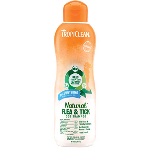 TropiClean Natural Flea and Tick Shampoo For Dogs and Puppies, Plus Soothing Cocoa Butter For Dry Irritated Skin, Effectively Repels Fleas and Ticks, Safe to Use On Dogs 12 Weeks and Older, 20 oz.