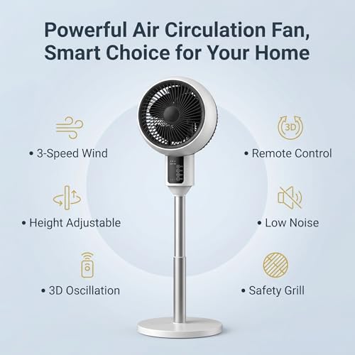 Pedestal Air Circulator Fan with Remote Control, Smart 3D Oscillation Cooling Fan for Bedroom Home Office, 3 Speeds, 7.5H Timer, 46 to 92cm 3-Way Adjustable Height Table Standing Fan, White