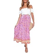 ZESICA Women's Bohemian Floral Printed Elastic Waist A Line Maxi Skirt with Pockets