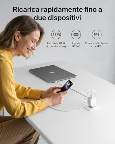 SmartProtect Caricatore USB C a 2 Porte 67W, Cavo USB C 2 m Incluso, Caricatore GaN con 2 Porte USB-C, Ricarica Rapida per MacBook, iPhone 17, iPad Pro, Chromebook, S25 Ultra, Pixel 10 - Bianco