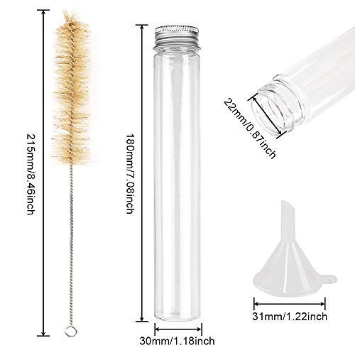 DEPEPE 18pcs 115ml Clear Flat Plastic Test Tubes with Screw Caps, 30 x 180mm, with 3 Funnels, 1 Brush, Large Test Tubes for Halloween Science Party, Christmas Candy Bath Salt Storage Containers