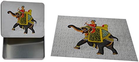 Mural Maharaja Riding Elephant Metal Tin Trinket Box (4"x6") &amp; Jigsaw Puzzle (252 Pieces) Set