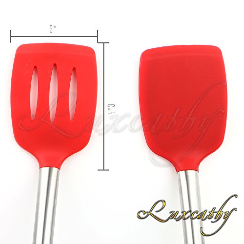 Luxcathy 304 Stainless Steel and Silicone Kitchen Utensil Set , 10-Pieces with Spoon, Spatula Tools, Pasta Server, Ladle, Strainer for Pots and Pans Non-Stick Heat Resistant Silicone (Red)