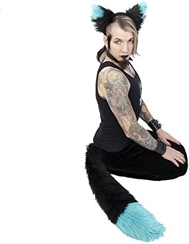 Pawstar Yip Tip Dark Fox Furry Ear Headband and Plush Tail Costume Combo - Turquoise