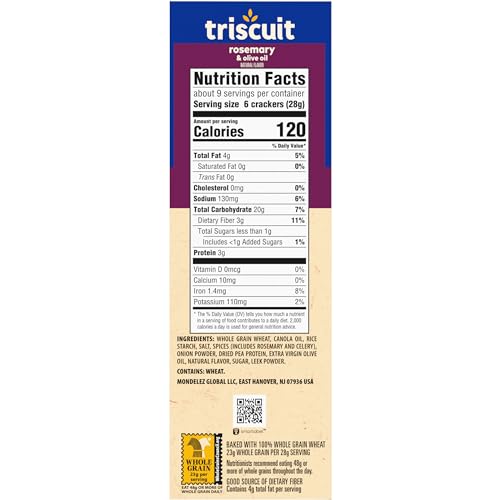 TRISCUIT ROSEMARY & OLIVE OIL WHOLE GRAIN WHEAT CRACKERS, LUNCH SNACKS, SNACK CRACKERS, 8.5 OZ