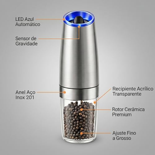 Moedor Eletrico de Sal e Pimenta com Sensor de Gravidade Automático e LED Azul - Mecanismo Ceramico Ajustavel, Operacao com Uma Mao, Inox para Temperos (Prata)