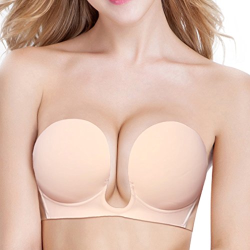 VeMee Strapless Bra Deep U-Shaped Self Adhesive Push Up Bra For Women Reusable Silicone Bra, CUPD, Skin