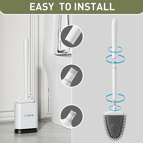 ASOBEAGE Silicone Toilet Brush: Flexible Head, Long Handle, Wall-mounted, Quick-drying Holder for Bathroom Clean (White)