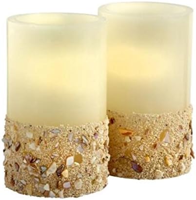 Flameless Real Wax Ocean Sand and Shells LED Pillar Candles with Timers, Set of 2