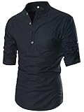GARSEBO Beloved Men Henley Neck Long Sleeve Daily Look Linen Shirts (S, Black)