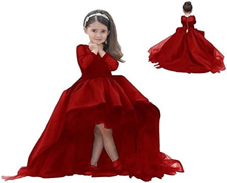 CEZOM High Low Red Flower Girl Dresses First Communion Pagent Dress With Long Sleeves
