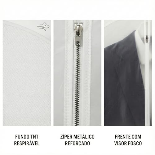 Kit 3 Capas Protetoras de Terno, Vestido e Cosplay 60x120cm Anti-Mofo e Umidade com Zíper – Visor Fosco PEVA + Traseira Respirável TNT