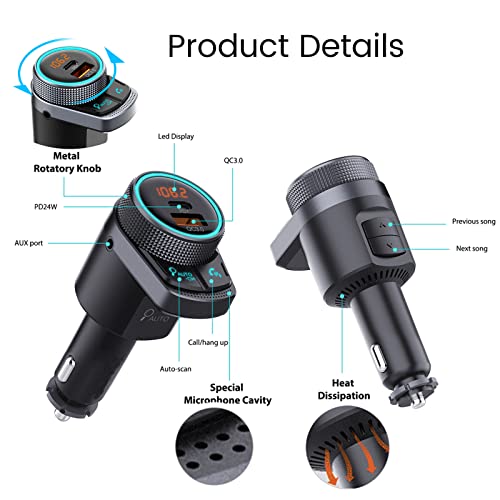 C80 Bluetooth FM Transmitter for Car, Bluetooth 5.0 Car FM Transmitter, MP3 Music Player, Wireless Radio Transmitter Adapter Car Kit, Hands Free Calling, QC3.0 & PD Ports Charger, LED Backlit