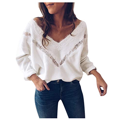 Sweater for Womens,Loose V Neck Off The Shoulder Lace Slim Knitted Pullover Casual Long Sleeve Tops Sweatshirt White