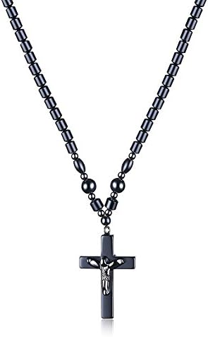 Alipeia 3 Style Cross Pendant Necklace 18'' Adjustable Link Chain (Black Iron-Stone)