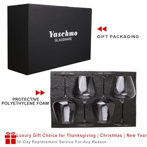 Yaschmo - Juego de 4 copas de vino tinto de 30 oz (887 ml), grandes copas de vino de cristal soplado a mano, copas de color burdeos súper grandes con tallo largo, ideales para cata de vinos, regalo