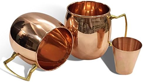 Set of 2 Moscow Mule Copper Mugs with Free Shot Glass in Gorgeous Gift Box by CLASSIC GIFT - Handmade of 100% Pure Copper, No Nickel Interior, Brass Handle, Barrel Smooth Mug 16 Oz