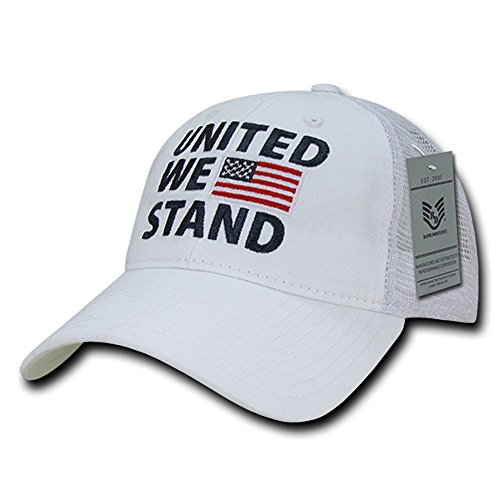 Soft Fit American Flag Embroidered Cotton Trucker Mesh Back Cap - United We Stand White