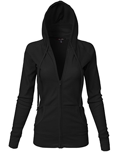 Plus Size Basic Kangagoo Pocket Thermal Knit Hoodie Jackets, Black XL
