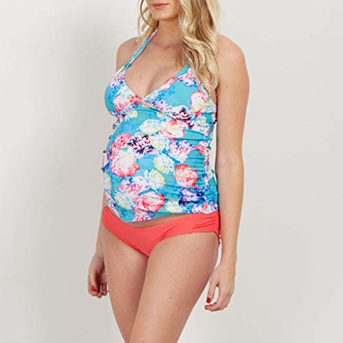 Women Halter Neck Swimsuit - Leadmall Maternity Tankini Push Up Backless Bikini Set - Floral Print Two Piece Swimwear (L, Blue) - Thumbnail 2