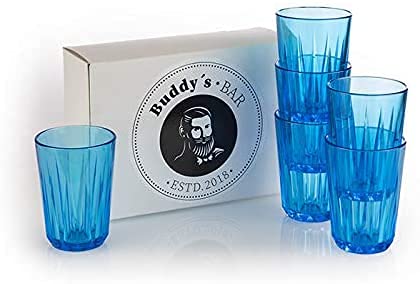Buddy´s Bar - Set of 6, 0.2 litre Tritan plastic drinking glasses, BPA free, crystal glass look, shatterproof reusable glasses, reusable and dishwasher safe, 200 ml, blue