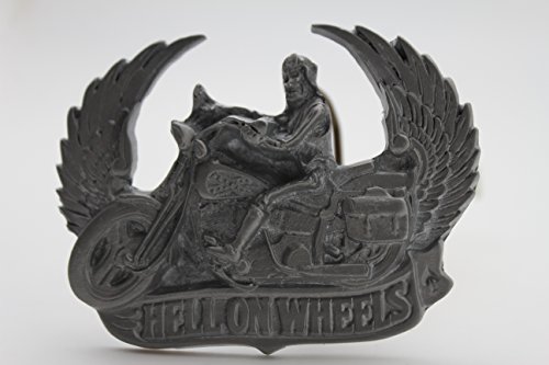 TFJ Men Belt Buckle Silver Metal Motorcycle Biker Hells Wheels Skeleton Wings Western