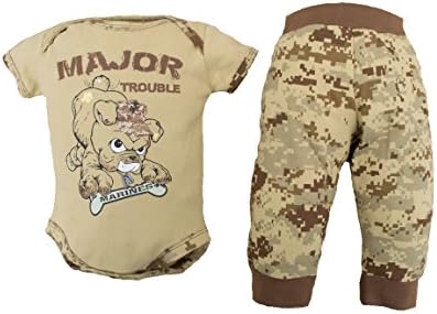 U.S.M.C. Devil Dog 2pc Baby Boys "Major Trouble" Bodysuit Pants Set Desert Camo (9-12 months)