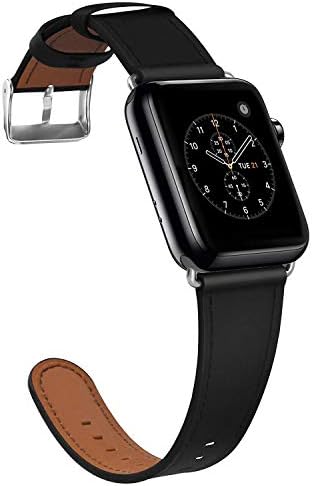 COVERY Compatible with Apple Watch Band 42mm44mm, Genuine Leather Replacement Strap with Stainless Metal Buckle Compatible Apple Watch Series 3, Series 2, Series 1, Sport Edition - Black