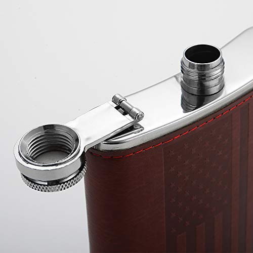 YFS Whiskey Flask With American Flag for Liquor and Funnel, 8 Oz Leak Proof Stainless Steel Pocket Hip Flask with Soft Touch Leather Cover, Brown Flask for Men