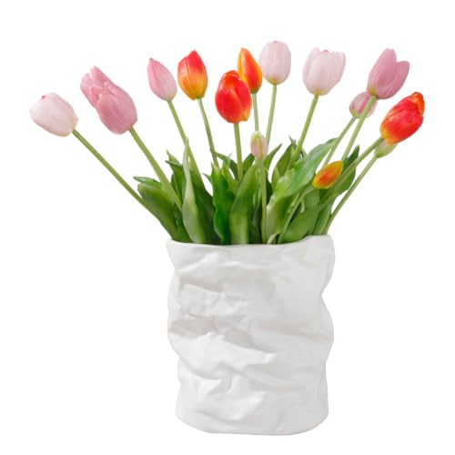 15 Pcs Light Pink-Orange-Light Purple Artificial Tulips Fake Flowers, Premium Latex Lifelike Texture, UV Resistant Waterproof Faux Tulip Bouquets with Snap-on Petals for Outdoor, Home, Wedding Decor at Amazon