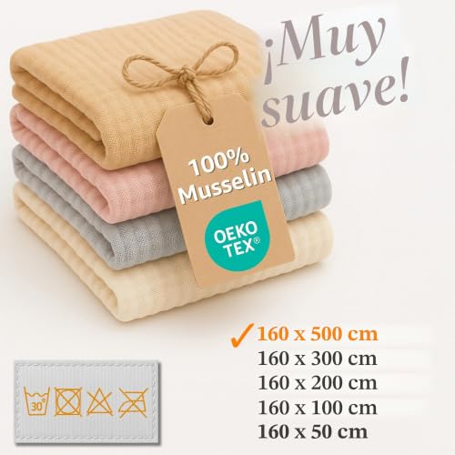 Muslin Fabric by the Metre 5 m x 160 cm – Fabrics for Sewing Patchwork Decoration and Crafts Ideal for Creative Sewing Projects and Home Clothes Costumes Oeko-Tex Light Beige
