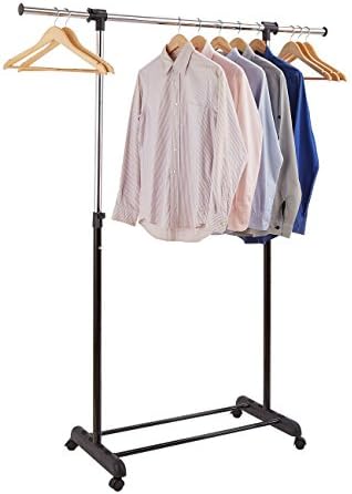 ProAid Clothes Rack by Adjustable Garment Clothing Rack, Portable Rolling Clothes Hanging Rack Single Rail for Clothes with Wheels, Black &amp; Chrome