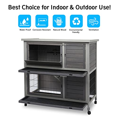 Rabbit Hutch Indoor&Outdoor with Wheels/Pull Out Plastic Trays/Ramp