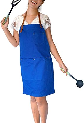 Tana Cotton Denim Bib Apron - Made with Real Leather for Professional Chef's, Barista's, Workshop & BBQ (Royal Blue Apron)