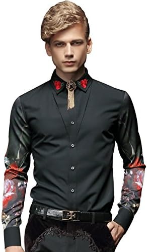 FANZHUAN Flower Shirt Men Dress Slim Fit Embroidery Fashion Long Sleeve Black