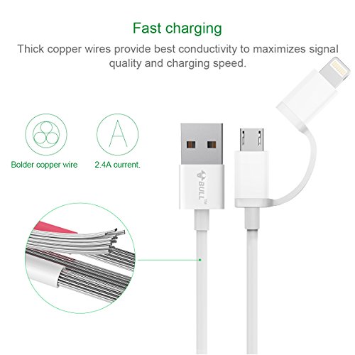 BULL 2 in 1 Apple Lightning and Micro USB Cable, 8 Pin Lightning with MFi Certified, Dual Connector Sync and Charge Cable for iPhone 8 7 6 5 iPad iPod Samsung HTC and More, 3ft White