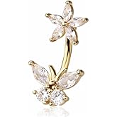 Pierced Owl 14GA 316L Stainless Steel CZ Crystal Flower and Butterfly Belly Button Ring