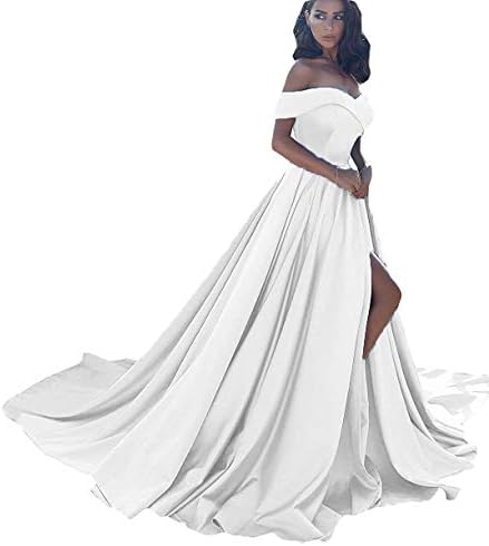 Jazylynbride Women's Off The Shoulder A Line Satin Prom Dress Long Formal Evening Gown with Slit