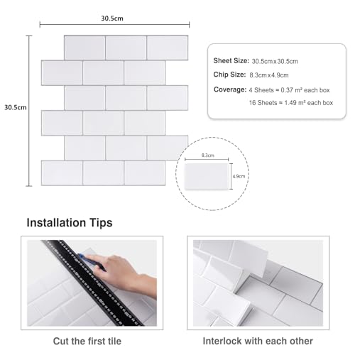 CRE8TIVE Peel and Stick Tile Backsplash 12x12 Inch - PU Gel Surface Ceramic Look Subway Tile, Self-Adhesive Removable PVC Tiles for Kitchen Backsplash, Bathroom, Laundry Room (4-Pack, Pure White)