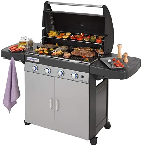 Campingaz Barbecue à gaz Class 4 L Plus, 4 brûleurs, Puissance 12.8kW, Système de nettoyage facile InstaClean, Grille et plancha en fonte double émaillage, 2 tablettes latérales