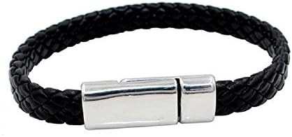 Bella Braided Black Genuine Leather Men Women Stainless Steel Magnetic Clasp Bangle Bracelet Wristband