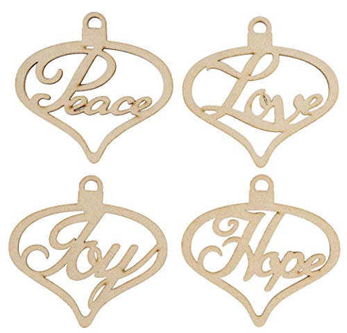 Unfinished Wooden Christmas Ornaments – 24-Pack Paintable Blank Xmas Tree Hanging Wood Slices for Kids DIY Art Crafts, Festive Decoration, 4 Designs, Peace, Love, Joy, and Hope, 3.8 x 3.65 Inches