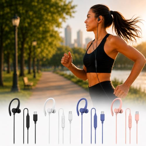 Fone de Ouvido Esportivo com Fio USB Tipo C. Intra-Auricular com Gancho de Silicone e Microfone Integrado – Ideal para Corrida, Academia e Caminhadas. (Preto, USB-C)
