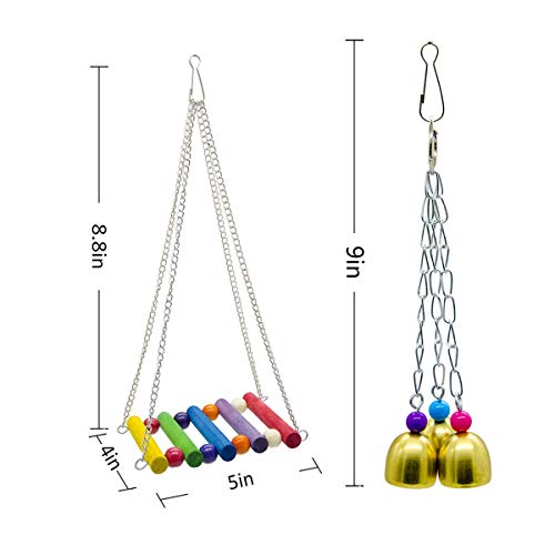 PINCHUANG Bird Swing Toys Bell Colorful Natural Wood Hammock Hanging Perch Small Medium Birds Parakeets Cockatiels Conures Macaws Parrots Love Birds Finches (Style 1-6pcs)