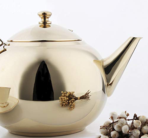 OMGard Gold Tea Pot with Infuser Loose Tea Leaf Filter 2 Liter Stainless Steel Teapot Coffee Water Small Kettle Strainer Set Warmer Teakettle for Stovetop Induction Stove Top 2.1 Quart / 68 Ounce