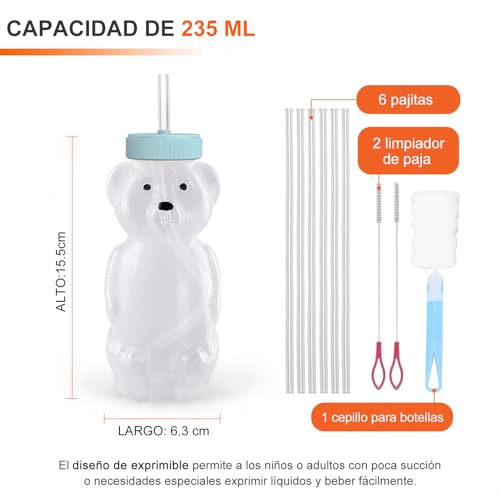 Vaso con popote para bebe 3 Piezas, vaso entrenador con popote, botellas en forma de oso, con cepillo para limpiar paja, grado alimenticio, sin BPA (Rosa + Púrpura + Azul)