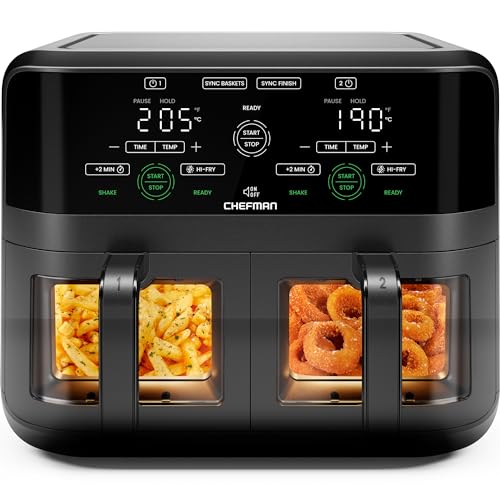 CHEFMAN 5.6L Dual Air Fryer Oven, Dishwasher Safe Frying Baskets, Double Air Fryer with Sync Finish, Hi-Fry, Auto Shutoff and Easy View Windows, Black