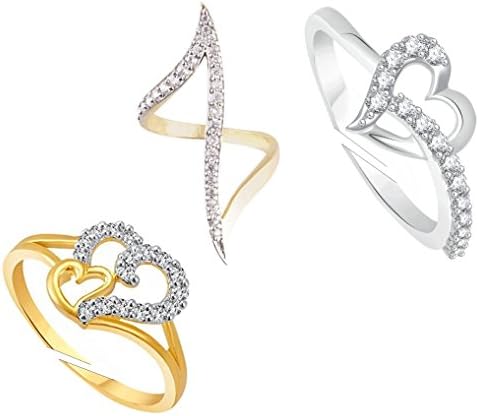 Lady touch Combo of Gold & Rhodium Plated American Diamond Heart Adjustable Rings for Girls and Women_Free Size