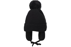 homeemoh Earflap Beanie Hat with Cute Pom Pom, Warm Fleece Lining Thick Winter Hat Knitted Beanies for Boys Girls 2-8Y